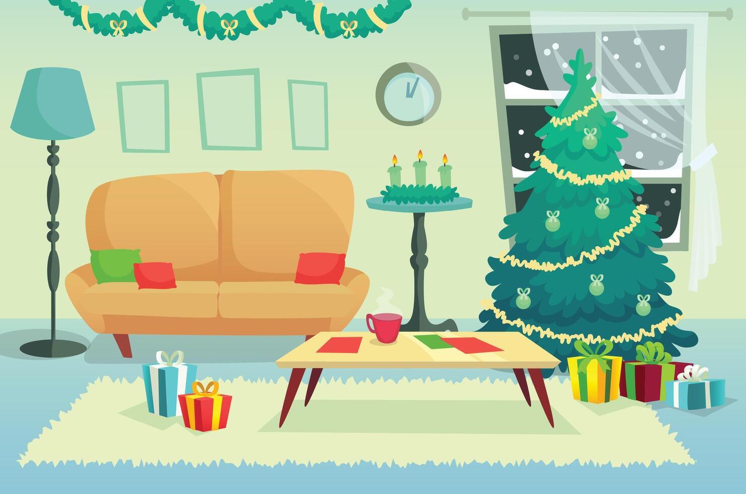 Cozy living room featuring festive decorations, a beautifully lit christmas tree, wrapped gifts, a comfortable sofa, and a warm cup beside advent candles, while snow falls outside vector