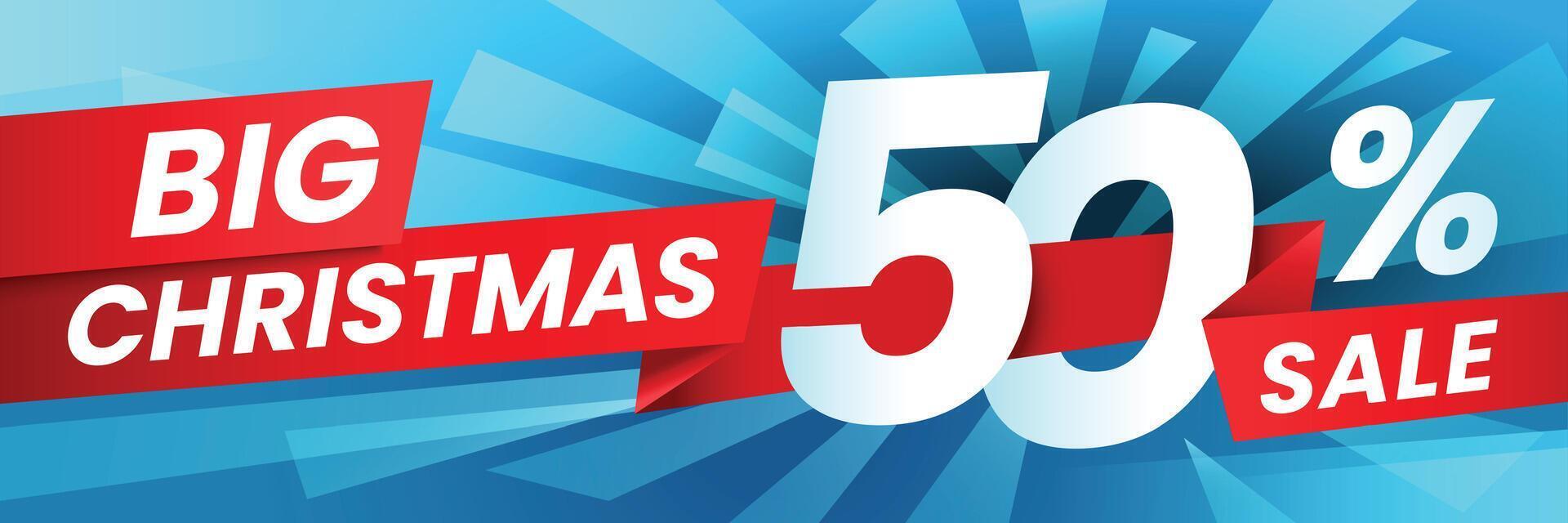 Big christmas sale advertising banner with red ribbons and a fifty percent discount offer on a vibrant blue background with abstract shapes exploding from the center vector