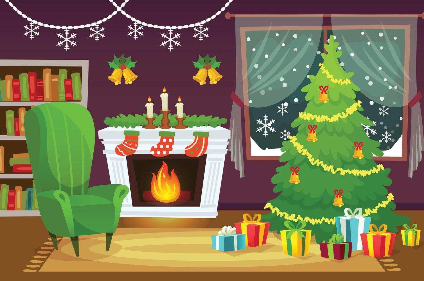 Cozy christmas interior living room scene featuring a decorated christmas tree, fireplace with stockings, gifts, armchair, bookshelf and a snowy window view, creating a warm and festive atmosphere vector