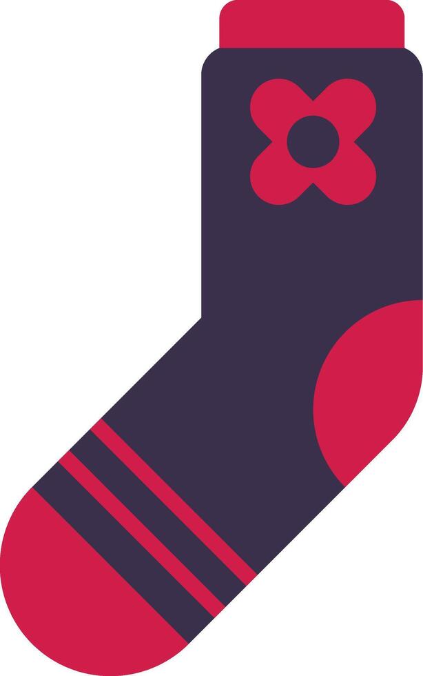 Single purple sock with pink decorations, including a stylized flower near the top and stripes near the toe, evokes feelings of comfort, warmth, and coziness vector