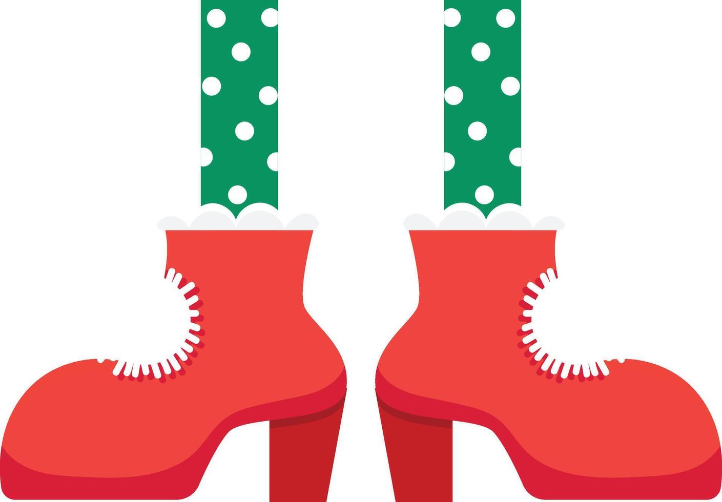 Christmas elf legs wearing red high heel boots with white fur trim and green tights with white polka dots, bringing a festive touch to holiday celebrations vector
