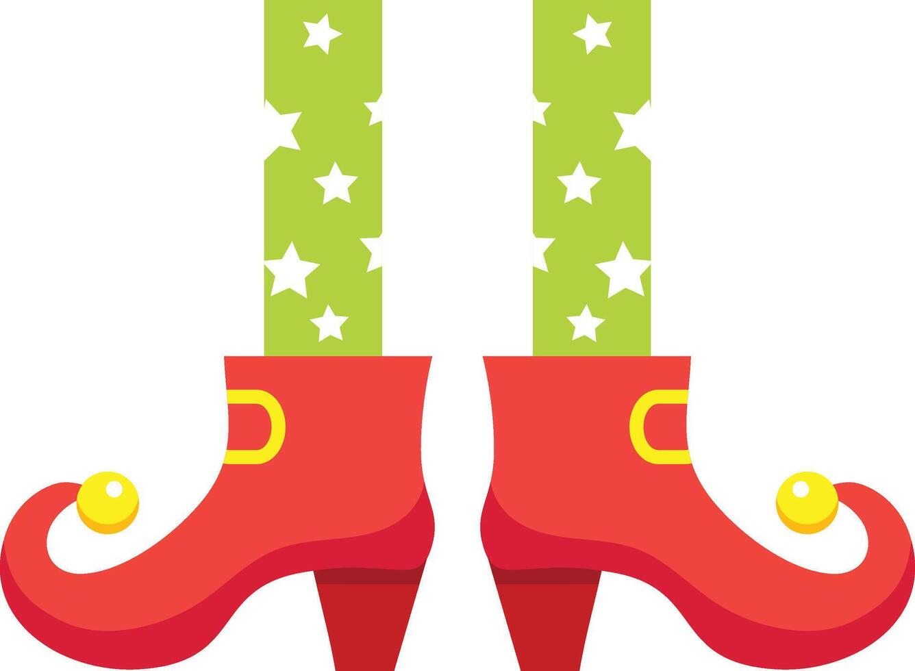 Christmas elf legs wearing green tights with white stars and red jester shoes with yellow bells and buckles, isolated on white background, in flat design style vector