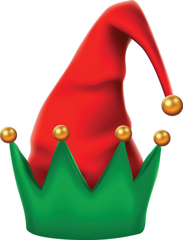 Festive christmas elf hat featuring vibrant red and green colors, adorned with golden balls, evokes the joyous spirit of the holiday season, perfect for greeting cards or festive decorations vector
