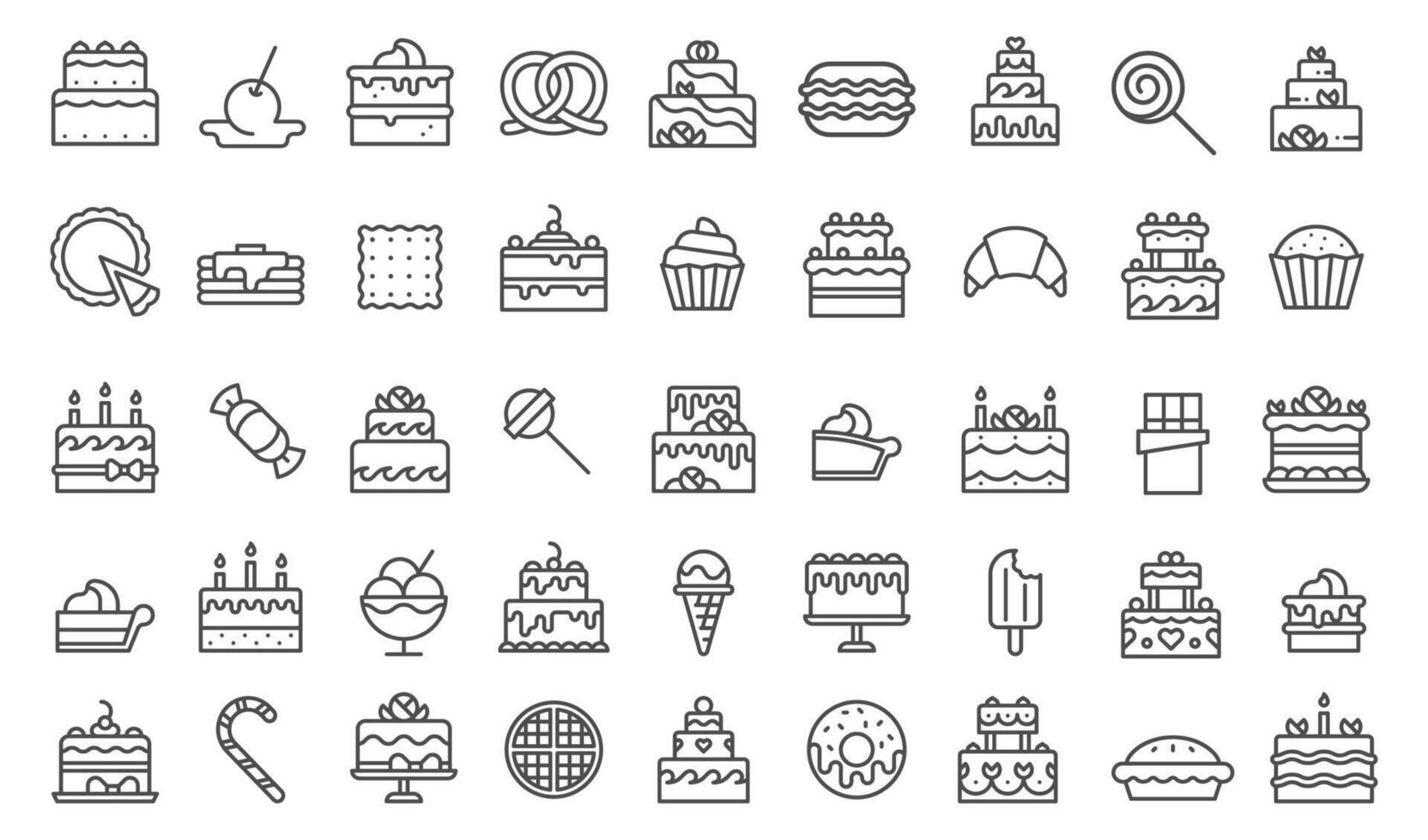 Desserts cakes line icons, cupcakes and candies, ice cream and pastries. Perfect for bakery branding, menus and parties. collection of pastries, confectionery and other sweet treats vector