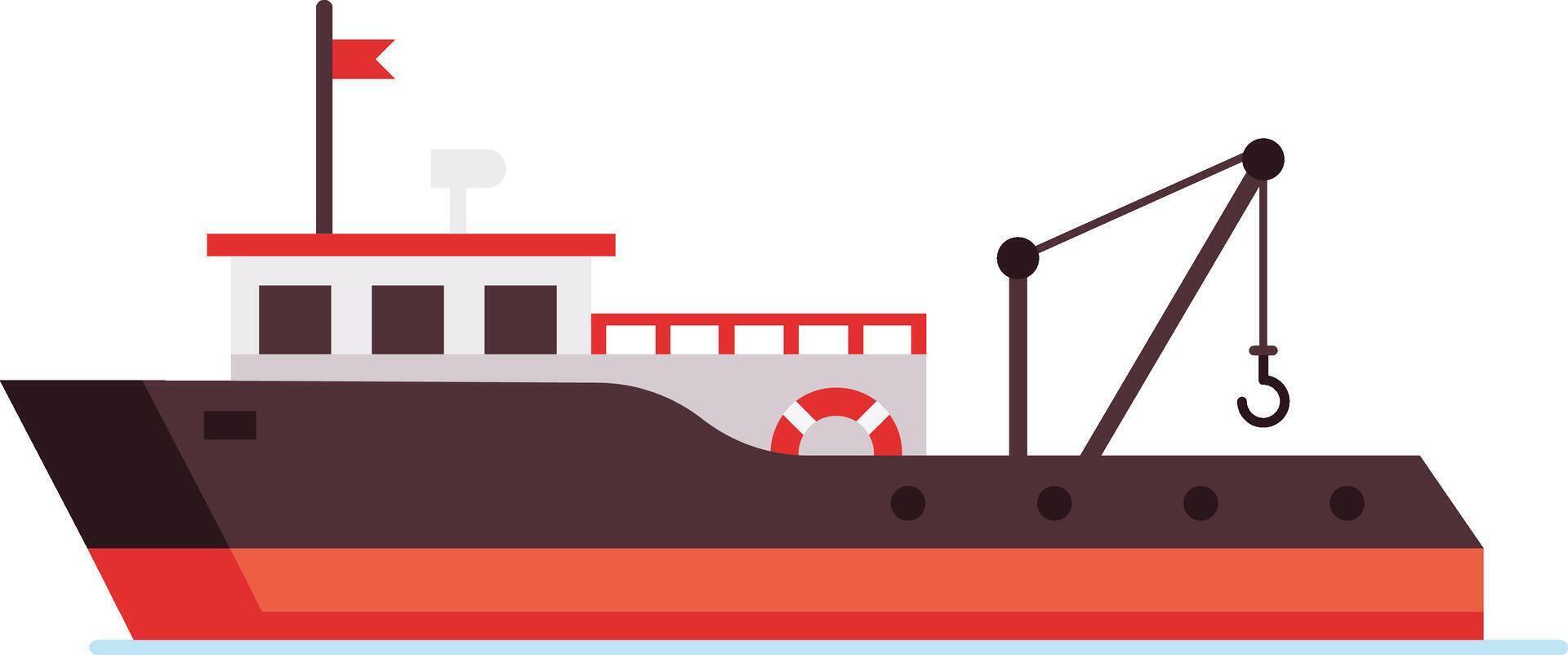 Modern fishing boat floating on water, featuring a crane with hook, red flag, lifebuoy, and navigation equipment, representing commercial fishing industry and maritime activities vector