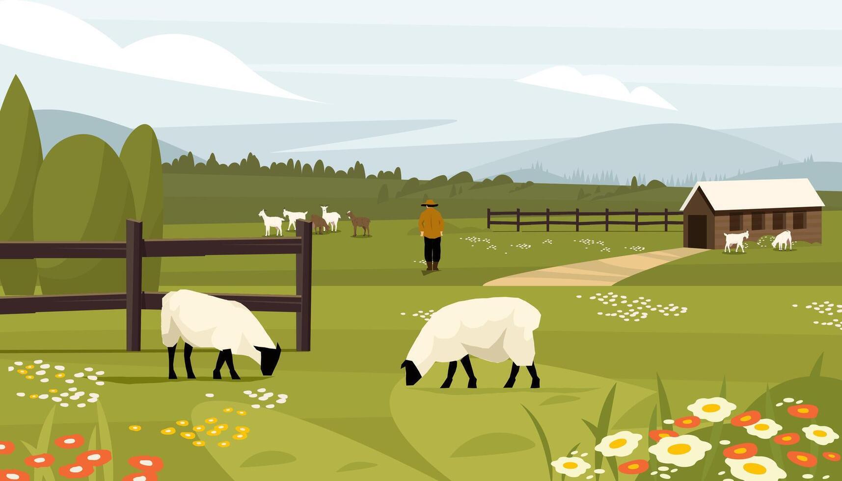 Rural scene with sheep and goats grazing on green meadows, farmer standing near barn and hills in background. Ideal for farming and rural tourism. illustration. vector