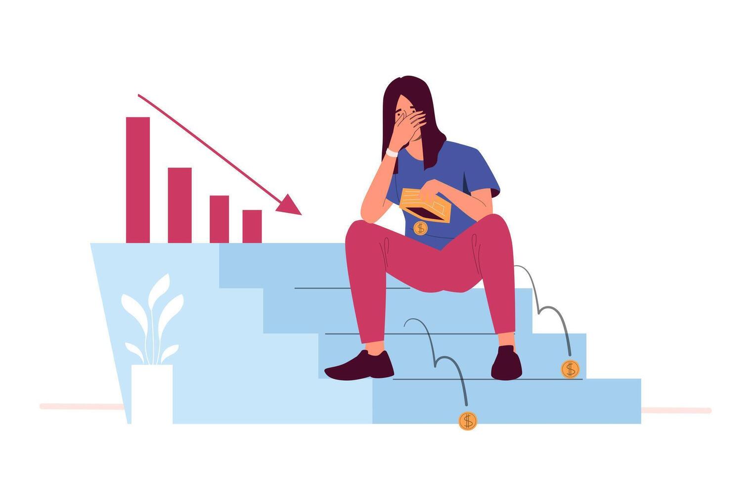 Distressed woman sitting on stairs holding empty wallet with falling coins and declining graph symbolizing bankruptcy, financial loss and economic downturn. Flat illustration. vector