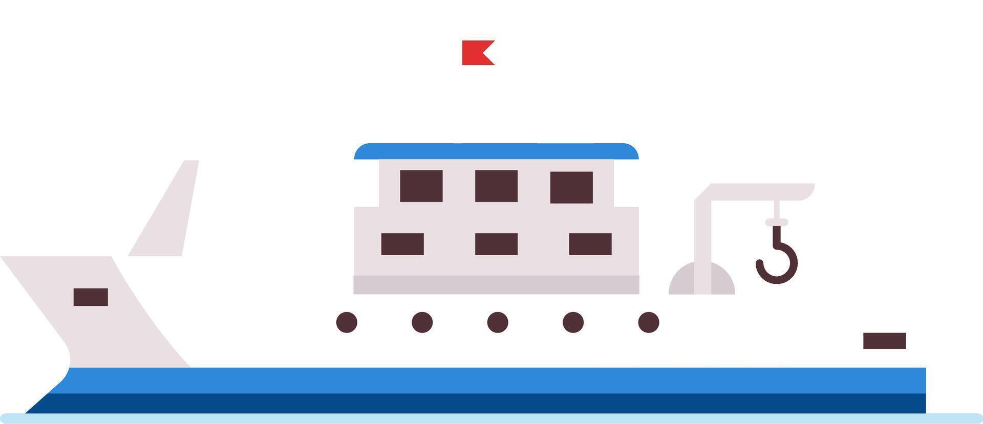 Fishing boat floating on water with crane and hook, featuring a red flag, windows, and blue and white color scheme, representing commercial fishing and maritime industries vector