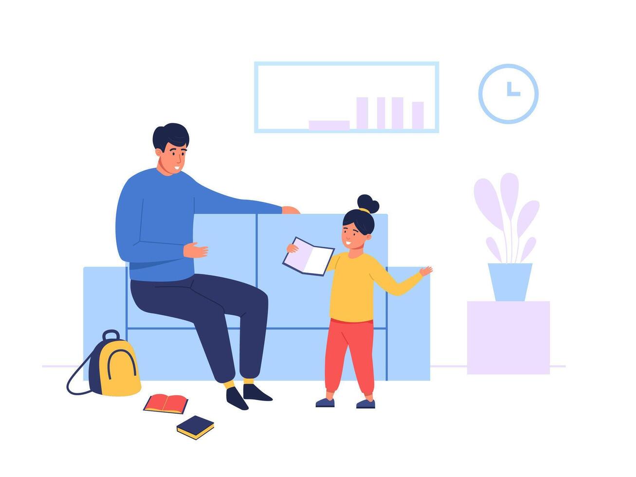Father and daughter in living room sharing learning moment with books and school supplies. Family bonding, education and home learning concept. Flat illustration. vector
