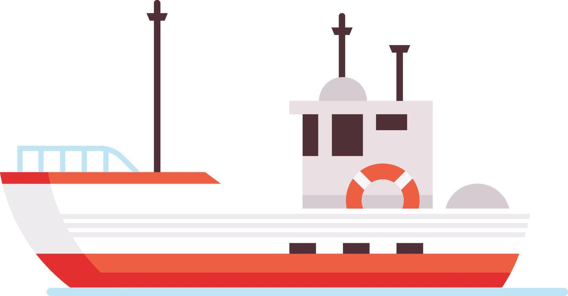 Red and white fishing boat floating on calm water, featuring a life preserver, antennas, and a minimalist design, ideal for representing maritime industries or seafaring activities vector