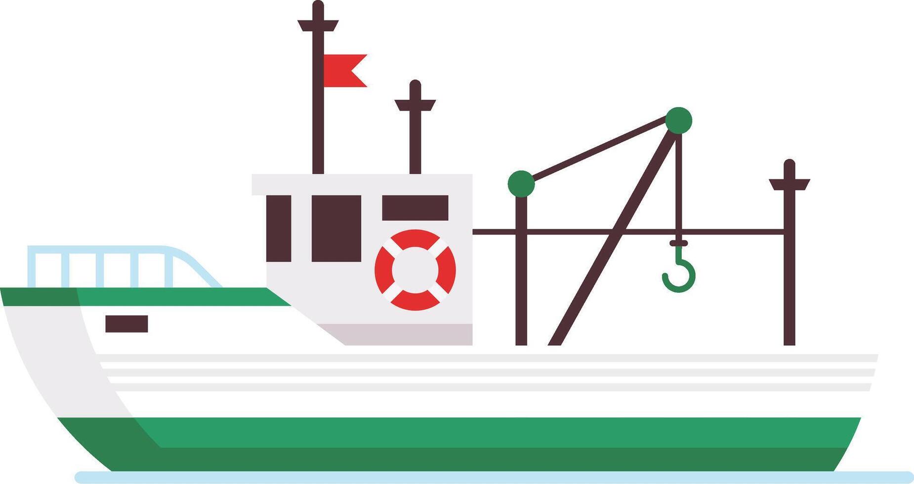 Small fishing boat floating on the water, featuring a crane equipped with a hook, designed for fishing activities, showcasing a minimalist and colorful aesthetic vector