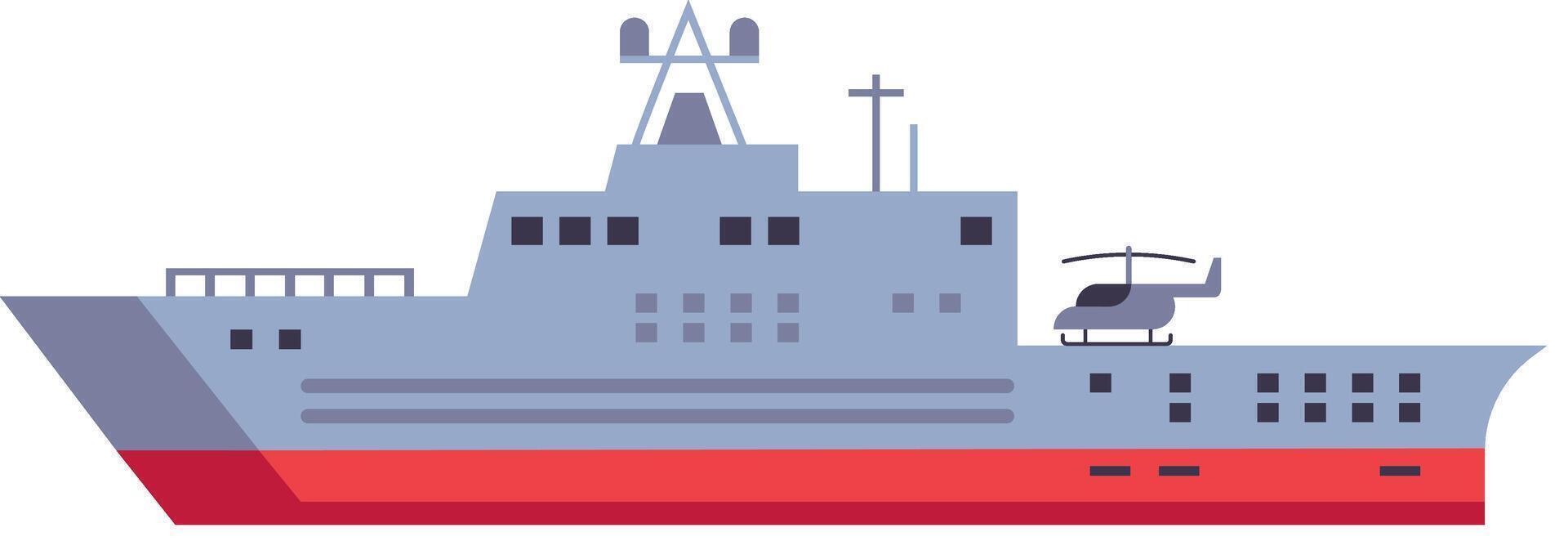 Modern warship sailing across ocean waters, featuring a helicopter stationed on deck, symbolizing naval power, maritime security, and military operations conducted at sea vector