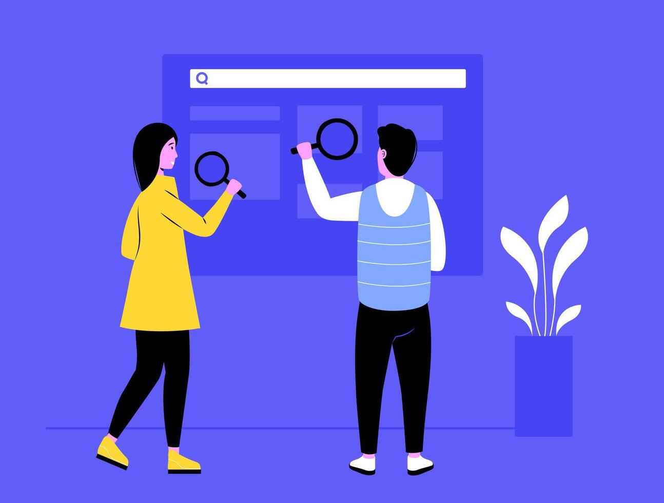 Two people using magnifying glasses to search information online with search bar on large interactive screen. Concept of teamwork online research and data analysis. Flat illustration. vector