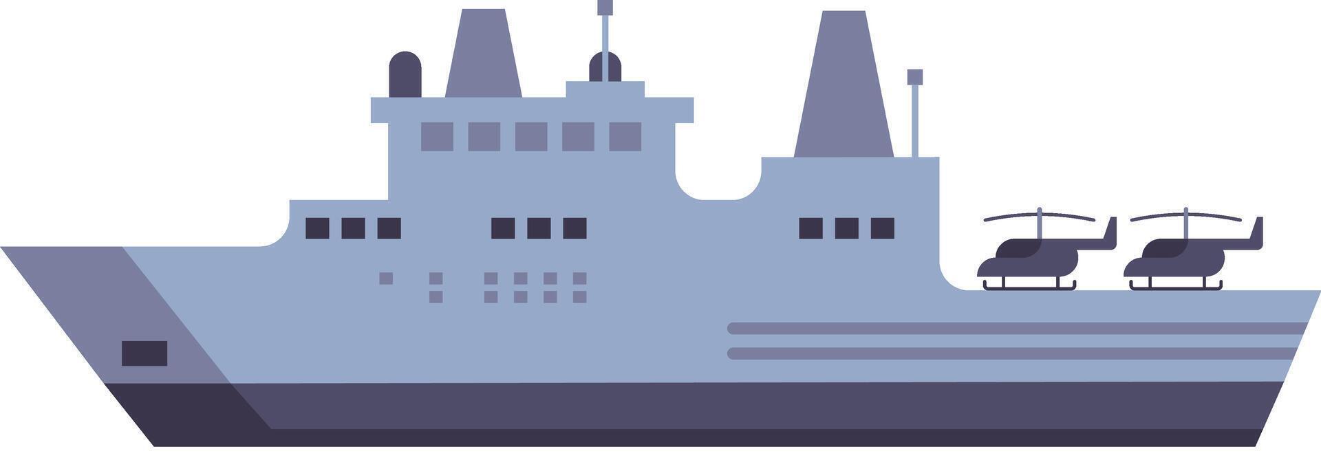 Modern warship carrying two helicopters represents naval power and military readiness, featuring a sleek and minimalist flat design that emphasizes strength and security vector
