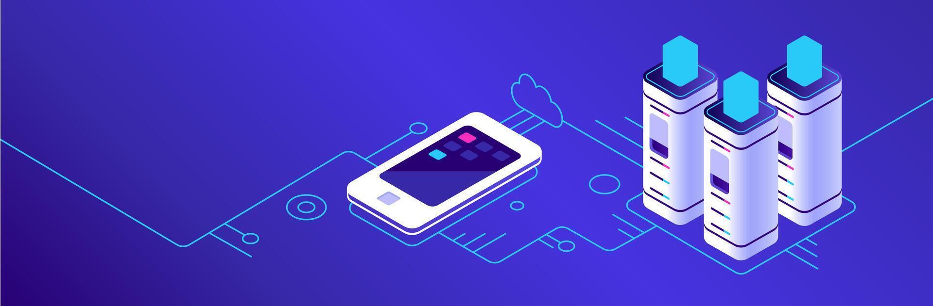 Isometric illustration showing a smartphone connecting to a server database, representing concepts like cloud computing, data storage, and mobile technology vector