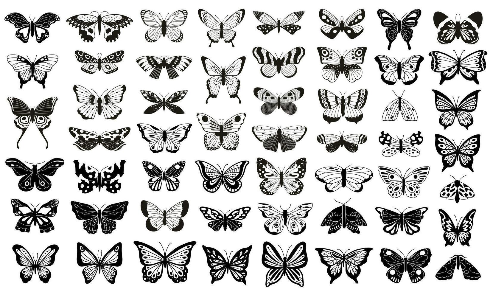 Butterflies and moths with detailed patterns. Silhouette of flying butterfly. Symmetrical insect motifs for decoration, packaging or textile design. Black and white illustration vector