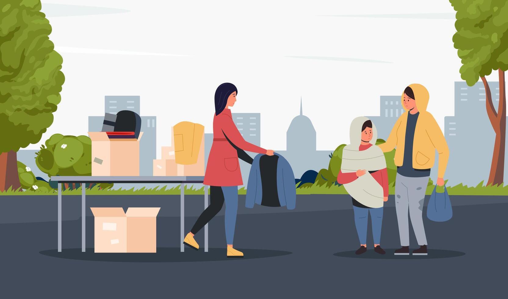 Volunteer distributing warm clothes to needy family in open donation center with boxes of things on table. Charity, kindness and care for society. illustration. vector