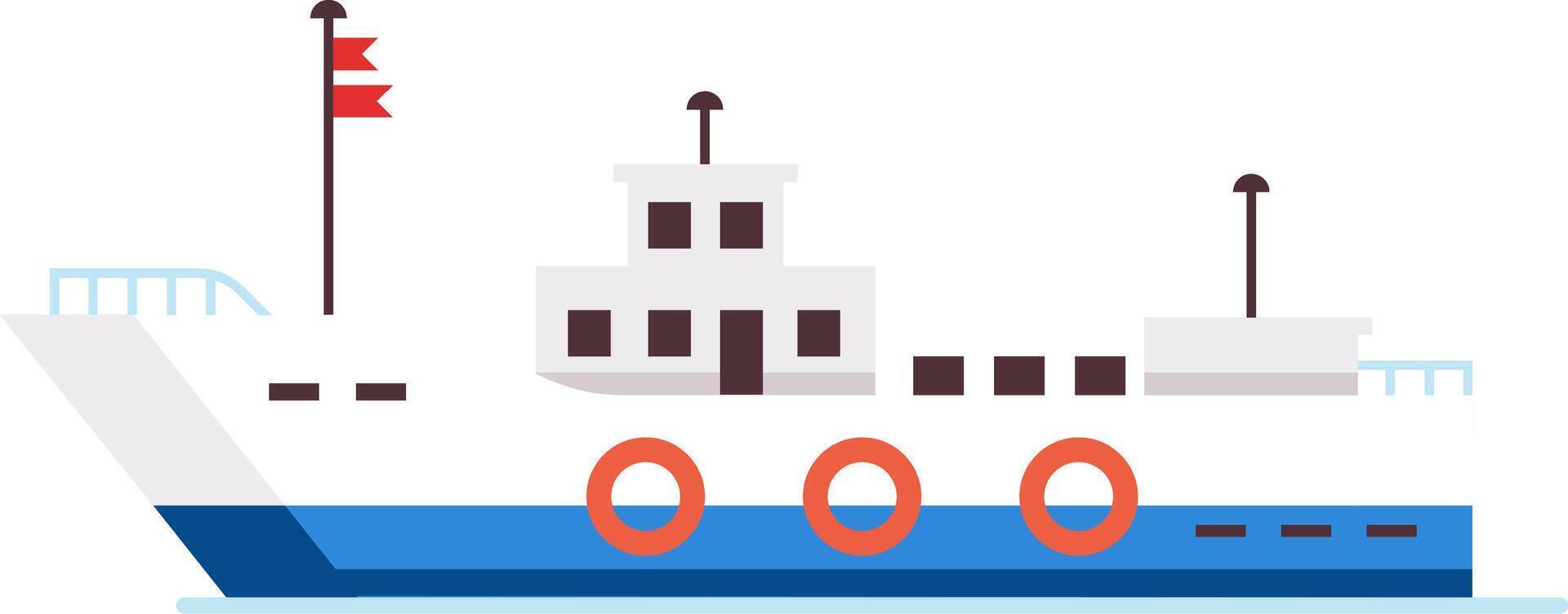 Fishing boat sailing across the sea, adorned with vibrant red flags and lifebuoys, showcasing a superstructure featuring large windows, all in a minimalist flat design style vector