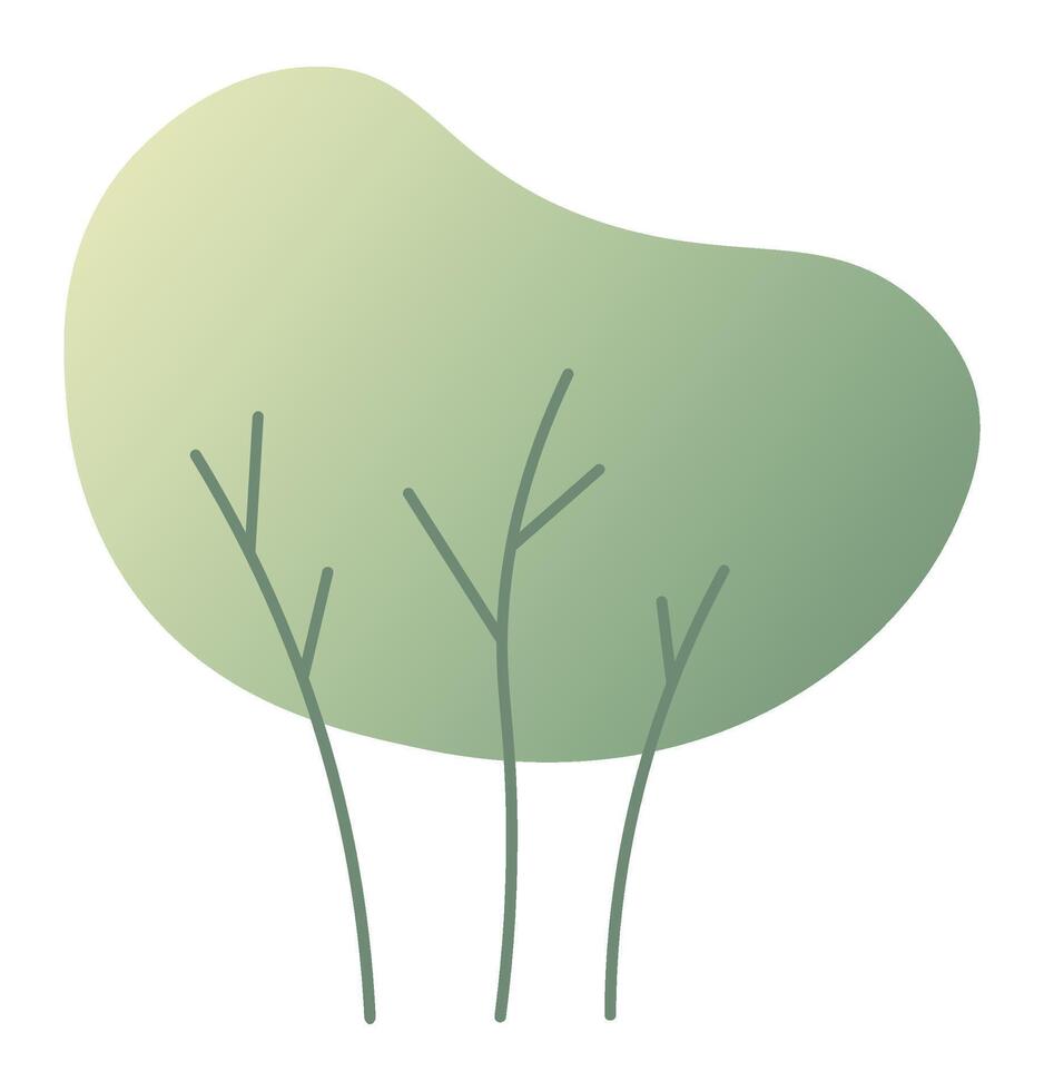 Minimalist illustration of an abstract tree with a green gradient blob representing the foliage and three thin branches growing upwards, symbolizing growth, nature, and simplicity vector