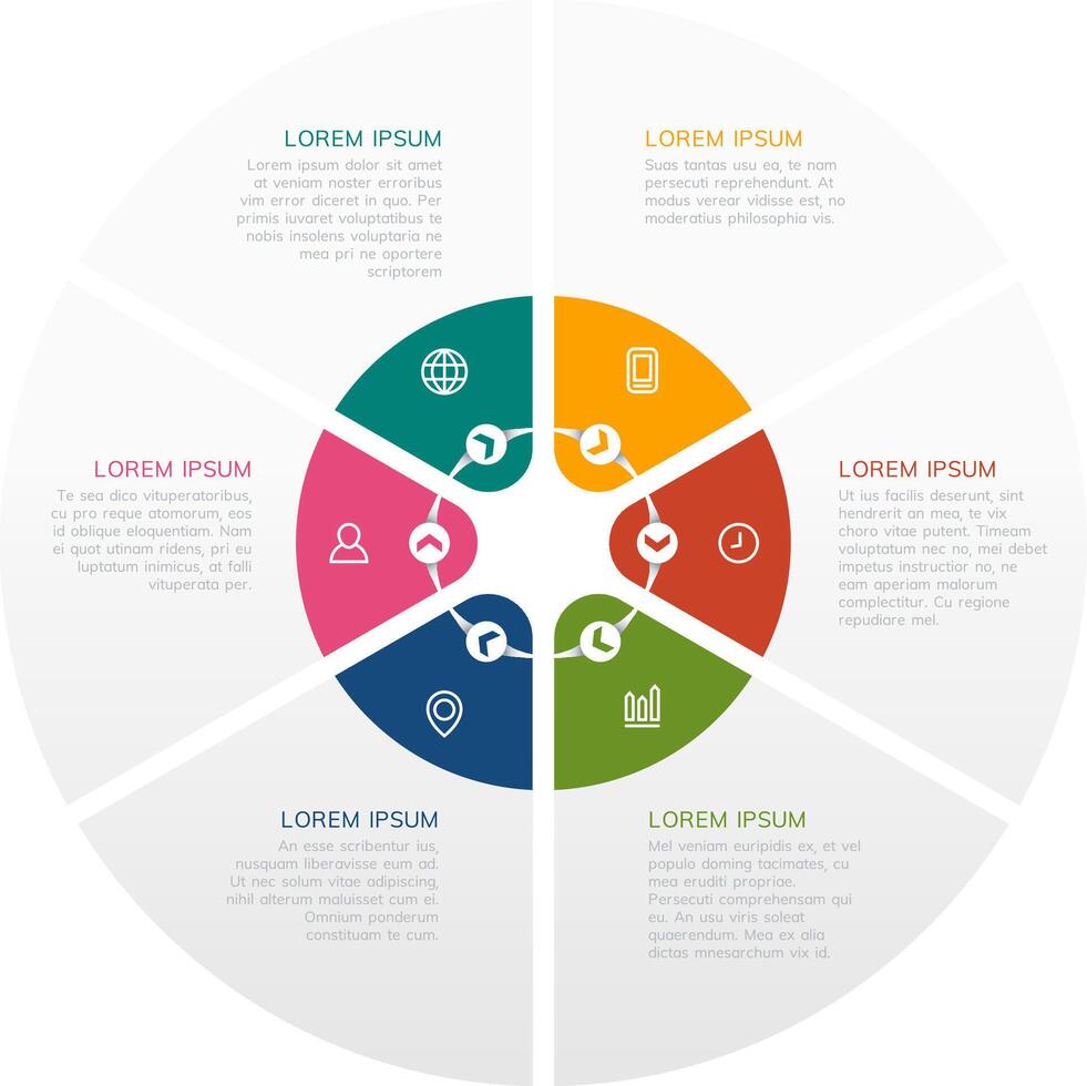 Seven segments of a circular infographic template featuring icons and text, providing a visually appealing and organized way to present data and information effectively vector