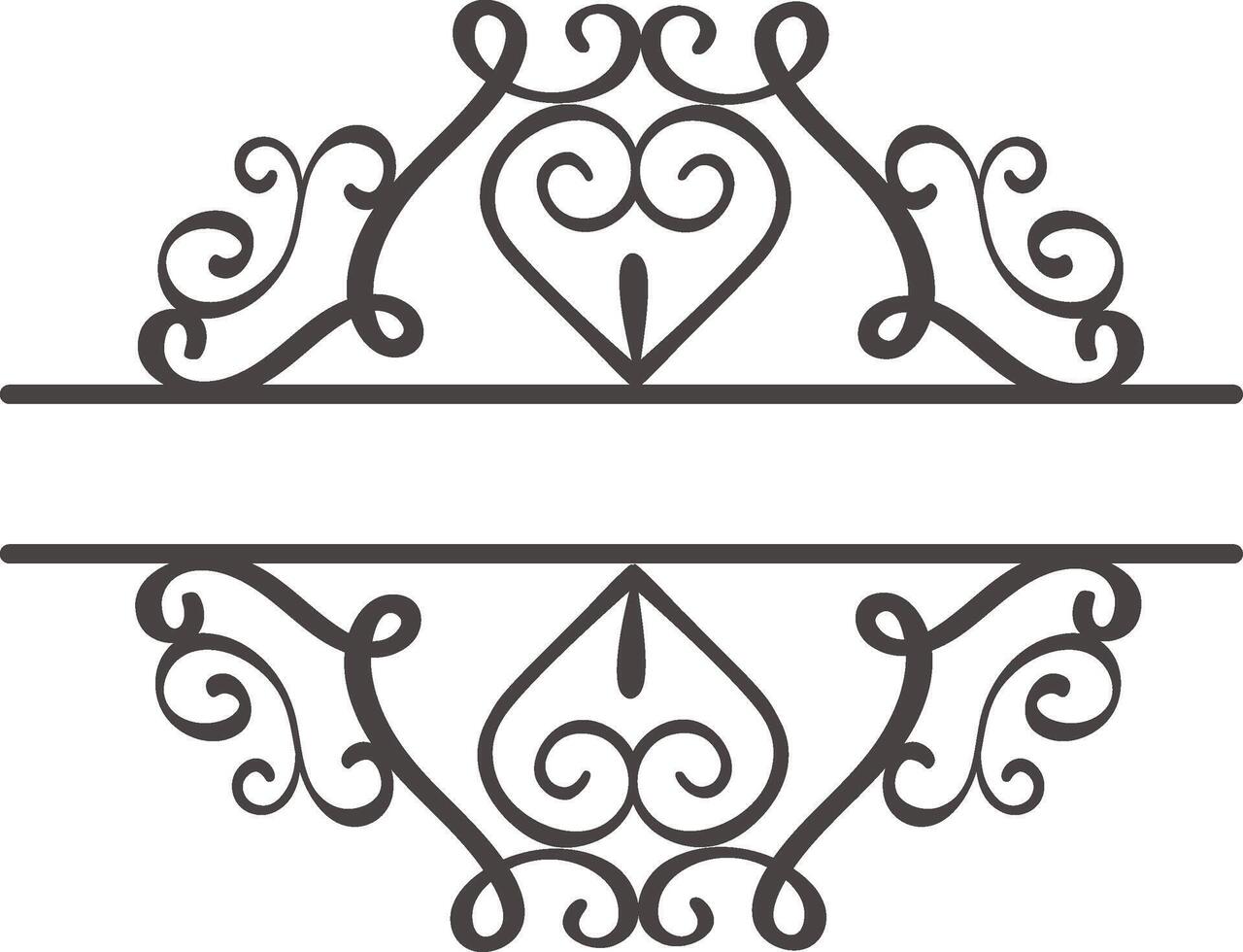 This elegant split monogram frame features ornate swirls, heart shapes, and a classic design, creating a sophisticated and romantic touch for wedding invitations, stationery, or personalized gifts vector