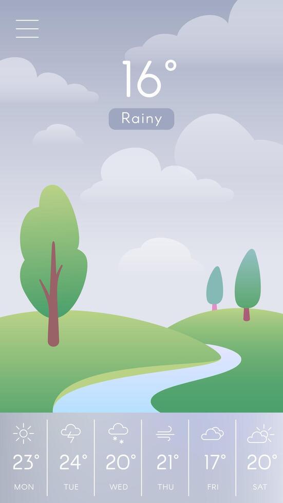 Mobile weather application displaying current rainy conditions with a temperature of 16 degrees celsius, alongside a weekly forecast showing varying weather conditions and temperatures vector
