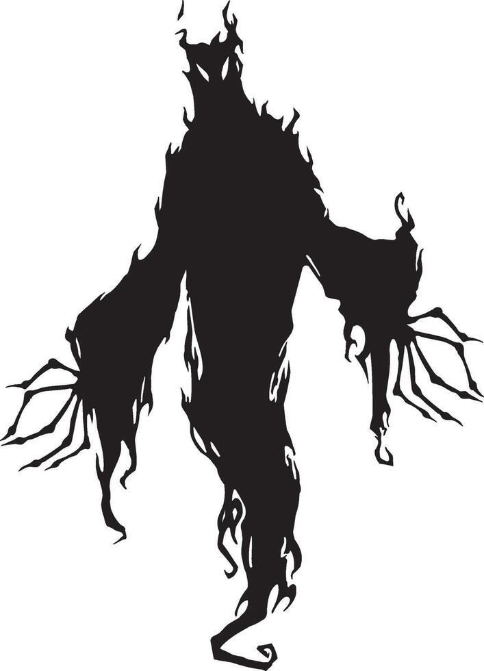 Black silhouette of a creepy ghost floating eerily with long, outstretched arms and a fiery bottom, enhancing the spooky and mysterious atmosphere perfect for halloween vector