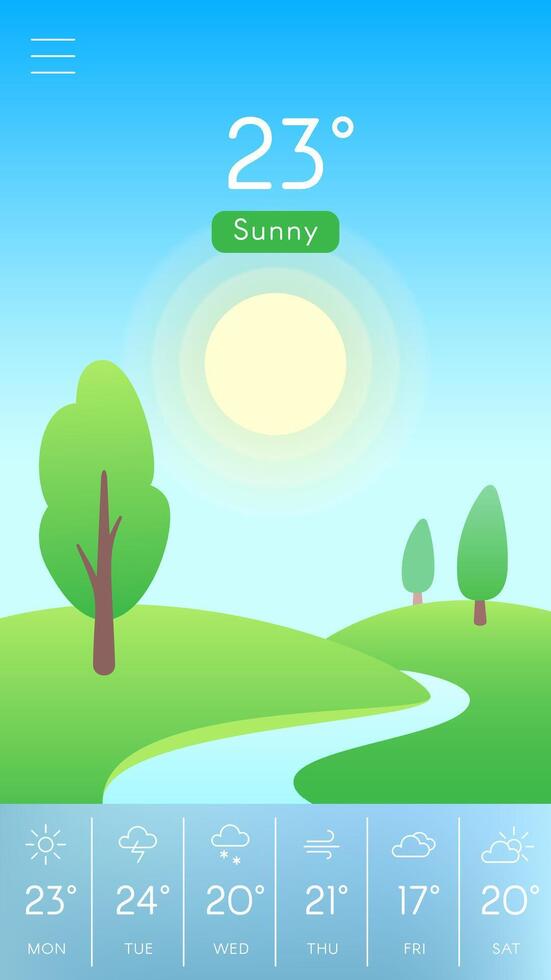 Mobile weather application displaying a sunny landscape with 23 degrees celsius, featuring trees and a river alongside a weekly forecast of varying conditions vector