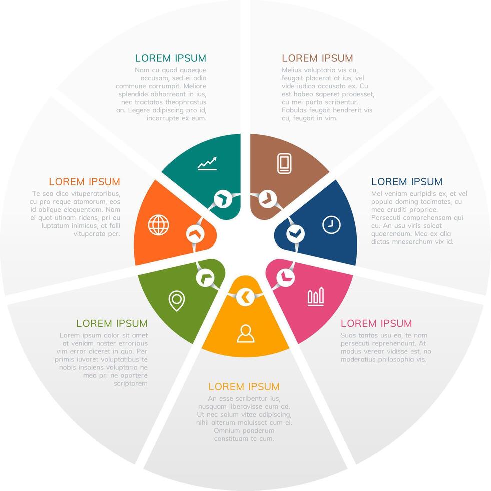 Circular infographic is divided into eight sections, each featuring an icon and a text description, providing a visual representation of various data points or concepts vector