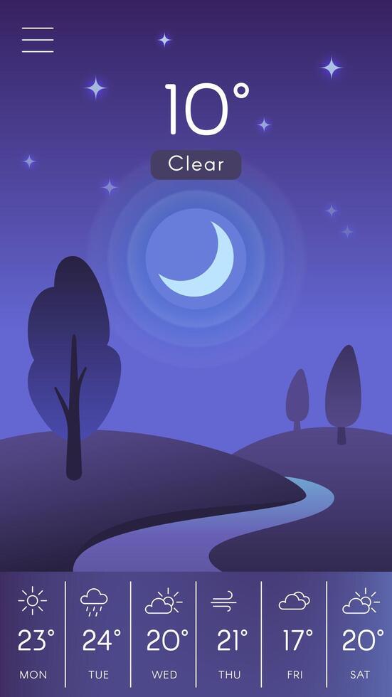 Mobile weather application featuring a clear night sky with a crescent moon, stylized trees, a winding river, and a weekly forecast with varying temperatures vector