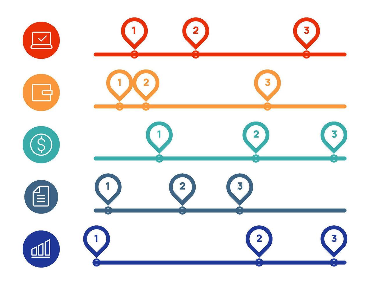 Vibrant infographic featuring a multi step process with numbered markers on timelines and icons representing various stages, perfect for visualizing project milestones and workflows vector