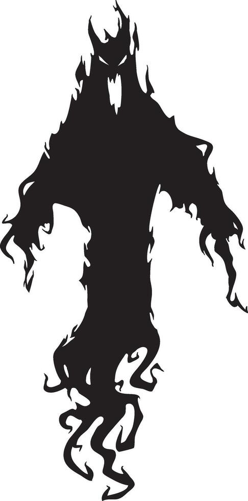 Spooky black silhouette of a scary ghost floating in the air with flames surrounding its body, creating a creepy and eerie atmosphere, perfect for halloween projects vector