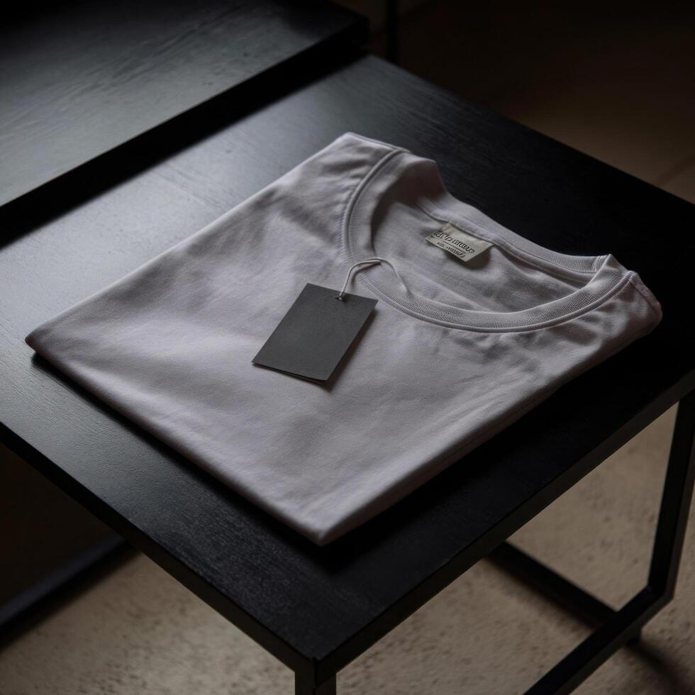White t - shirt on a table with a black tag photo