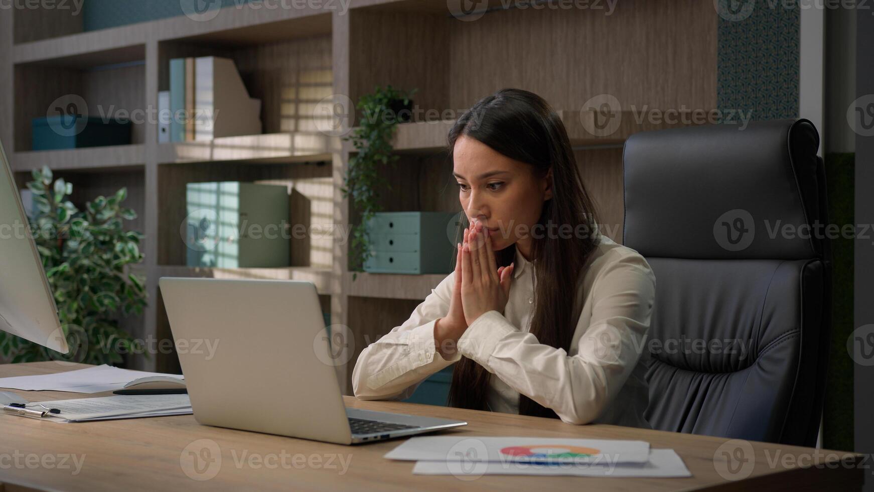 Caucasian business woman working on laptop feel stressed about system virus shocked girl businesswoman computer failure trouble important data loss outraged with website mistake malware loosing error photo