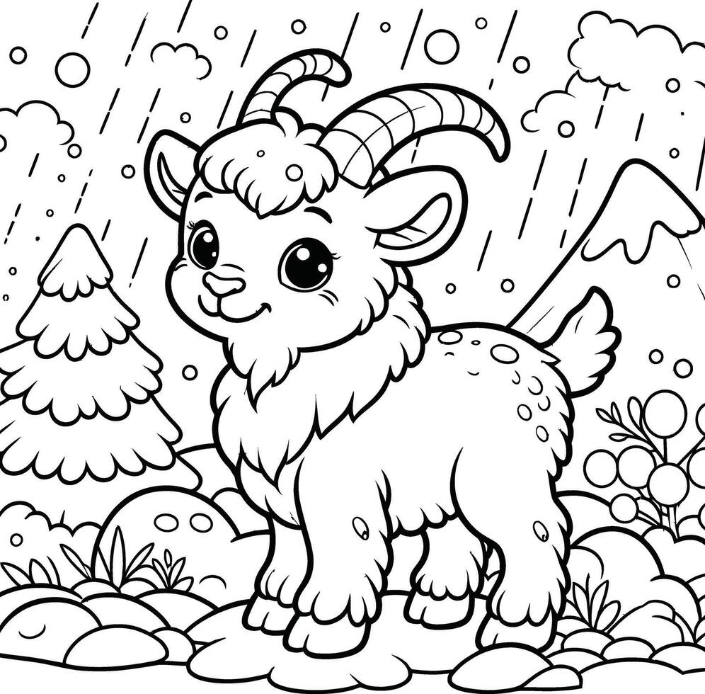 A coloring page with a goat in the rain vector