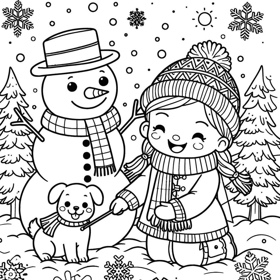 A coloring page with a girl and snowman vector