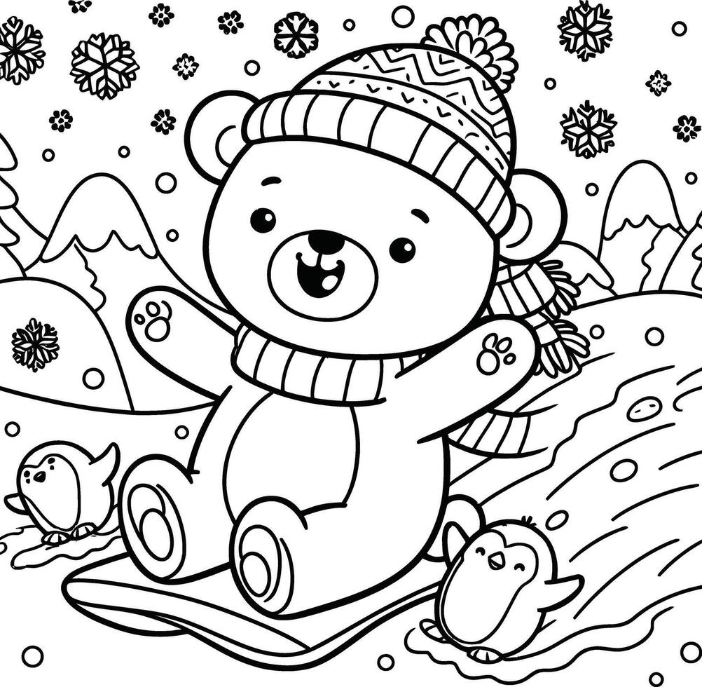 A coloring page with a teddy bear on a sled vector