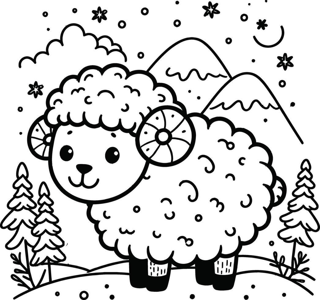 A sheep in the snow coloring page vector