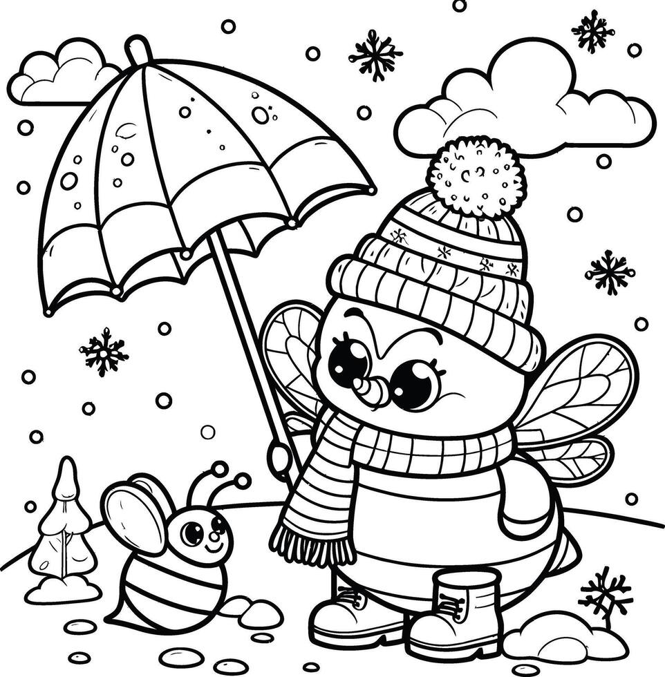 A coloring page with a cartoon bee and a bird vector