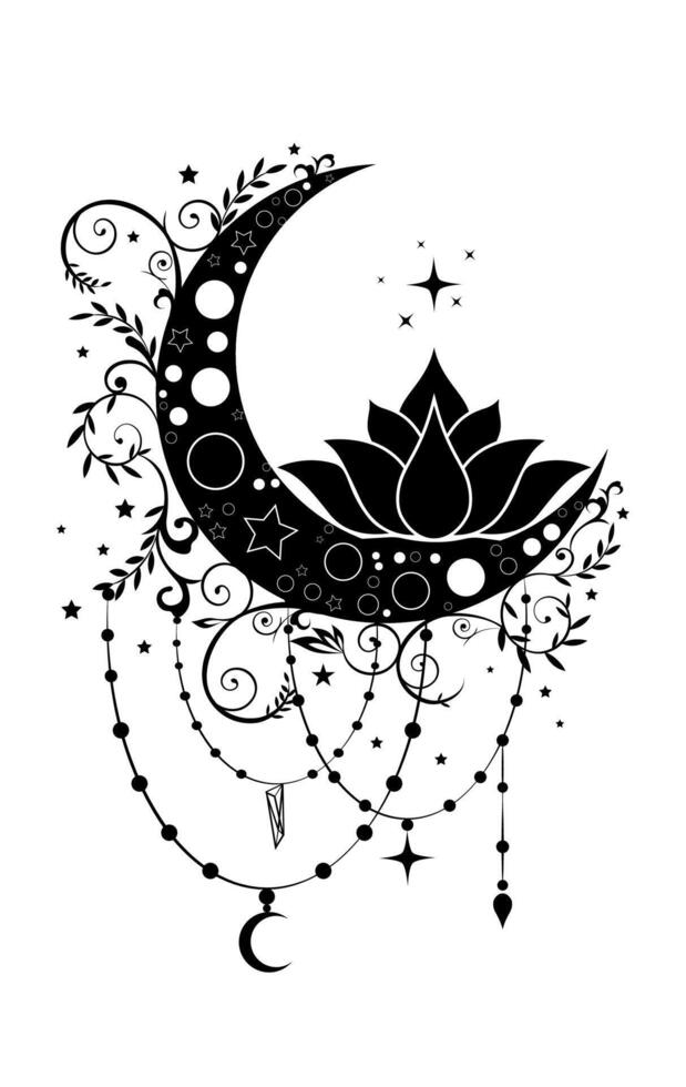 Mystical Crescent Moon and Sacred Lotus flower in boho style logo design. Floral magic celestial clipart of yoga, spa, beauty salon, cosmetics, relax, brand name, tattoo. Isolated on white background vector