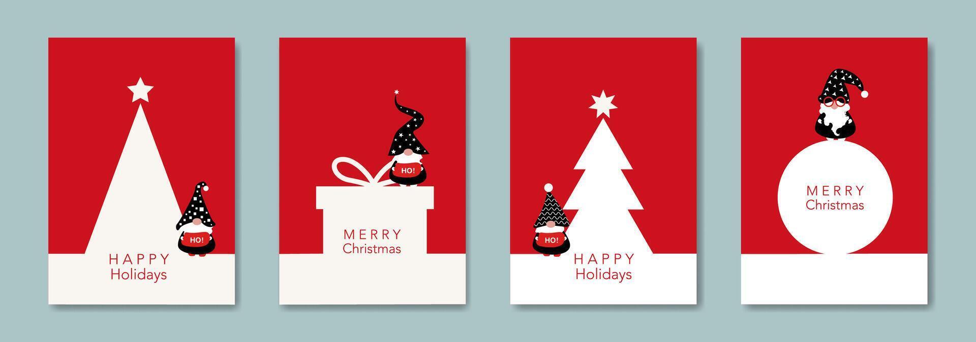 Set Christmas card in modern minimalist geometric style and Scandinavian nordic gnome, elf. Elements for calendar, greetings cards or Happy New Year themed winter holiday invitations red background vector