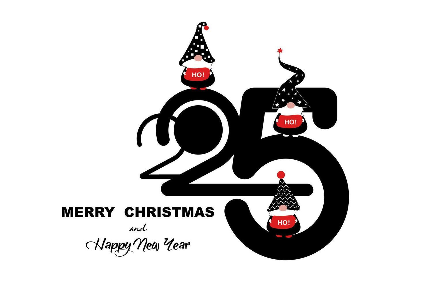 2025 New Year and Magic Christmas Gnomes logo design. Ho Ho Ho Santa Elf. Holiday card design for invitation, calendar, party, print, label, isolated on white background vector