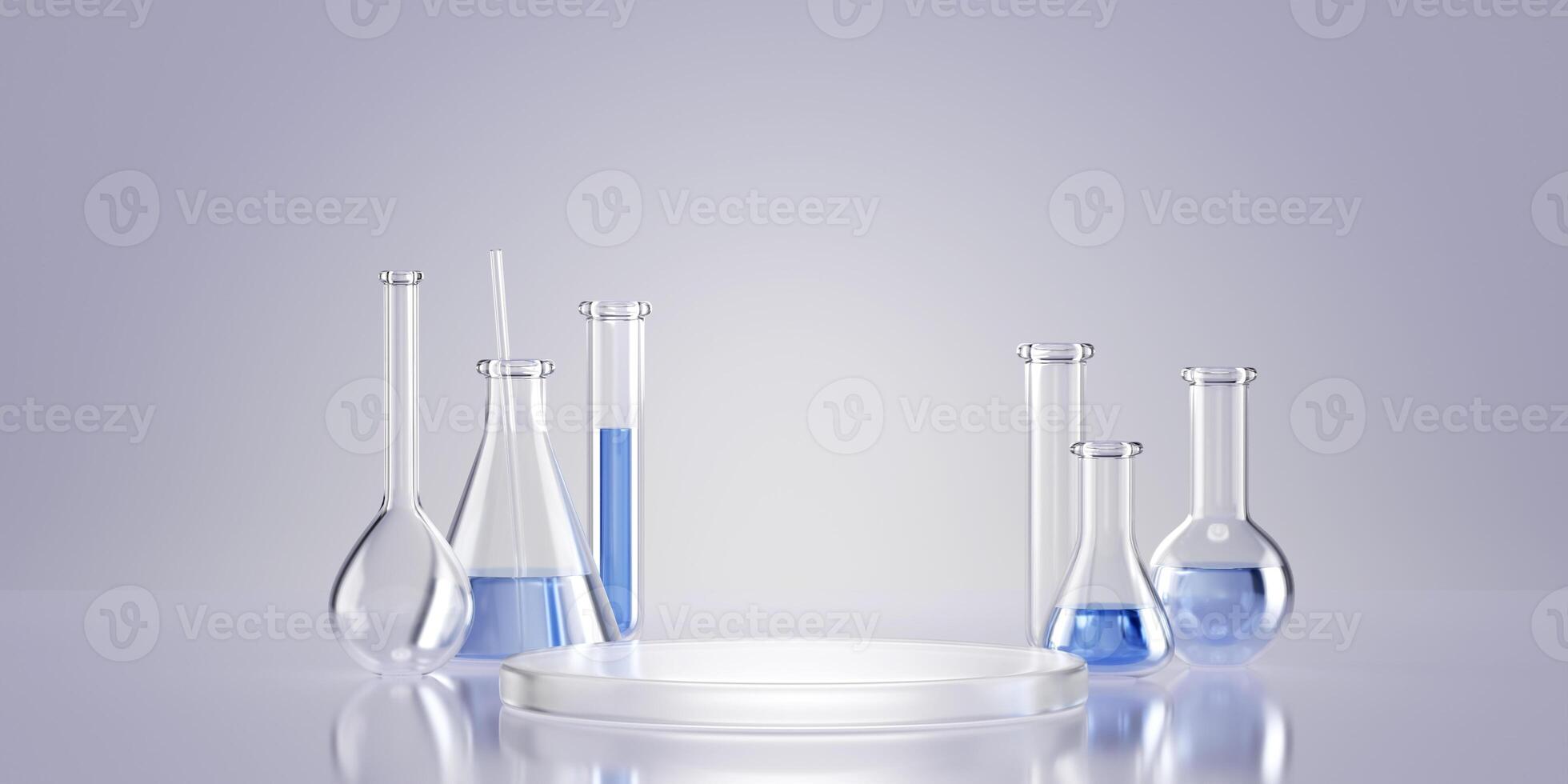 3d render lab glassware with blue liquid and podium. photo
