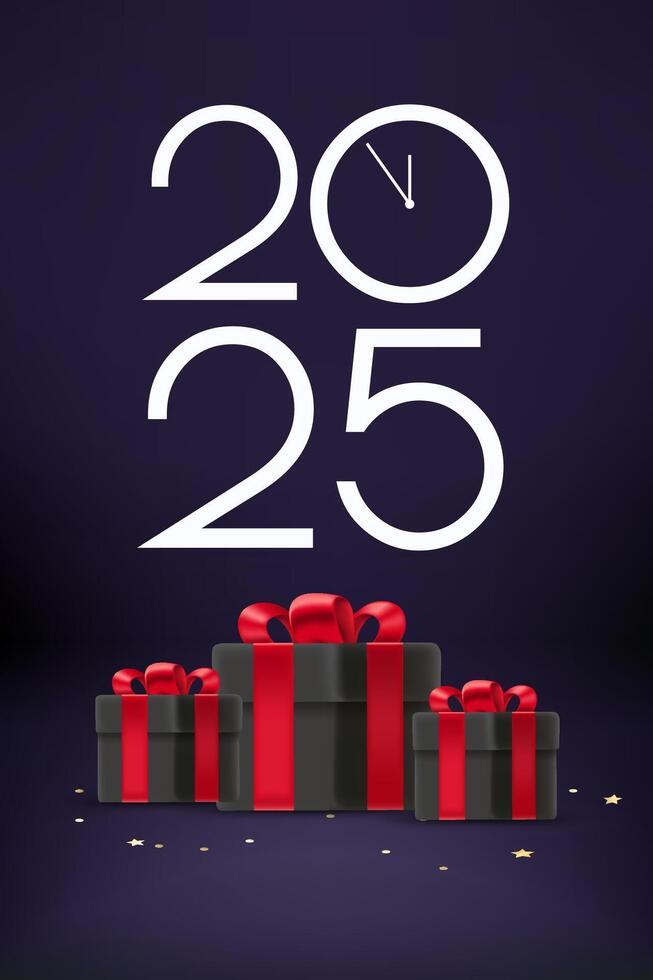 Happy new 2025 year greeting card. Composition with digits and gift boxes. 3d vector