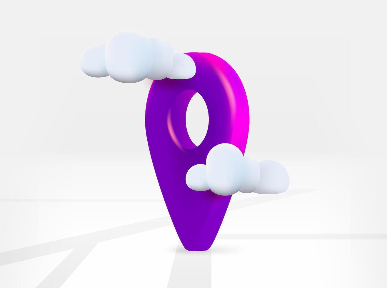 Violet map pin with road map and clouds. 3d isolated illustration vector