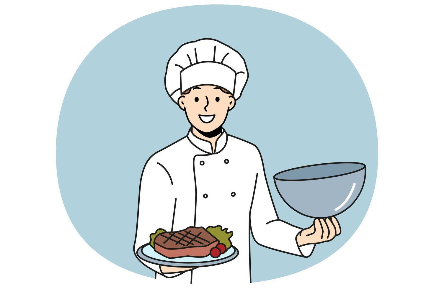 Man chef holds tray with beef steak and vegetables, inviting you to visit restaurant vector