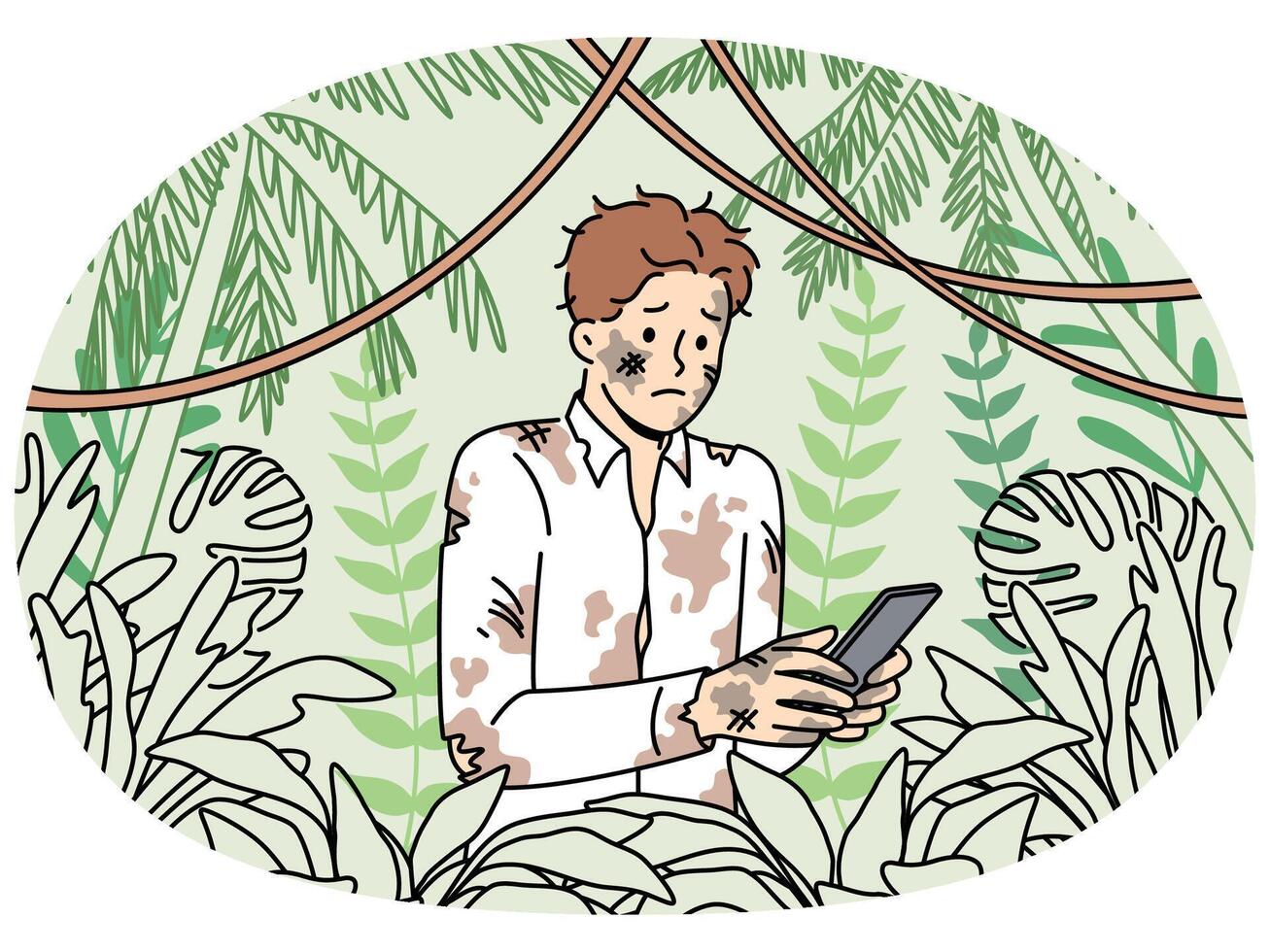 Dirty lost man office employee holding mobile phone and standing in jungle trying to send sos signal vector