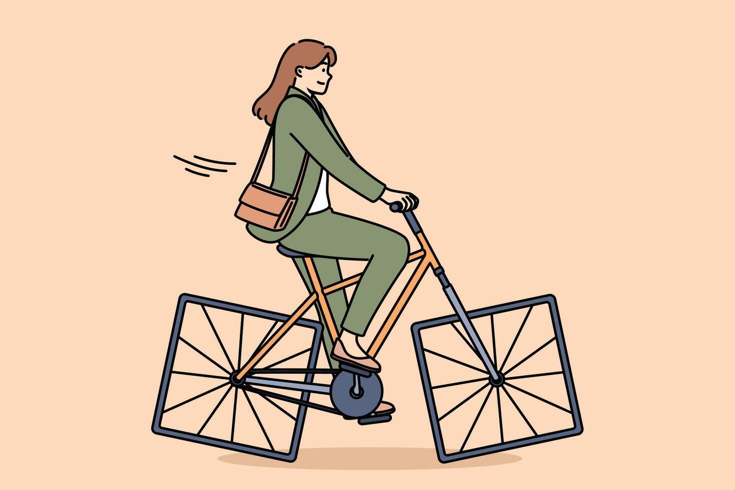 Stupid businesswoman has problems with productivity and efficiency, rides bicycle with square wheels vector