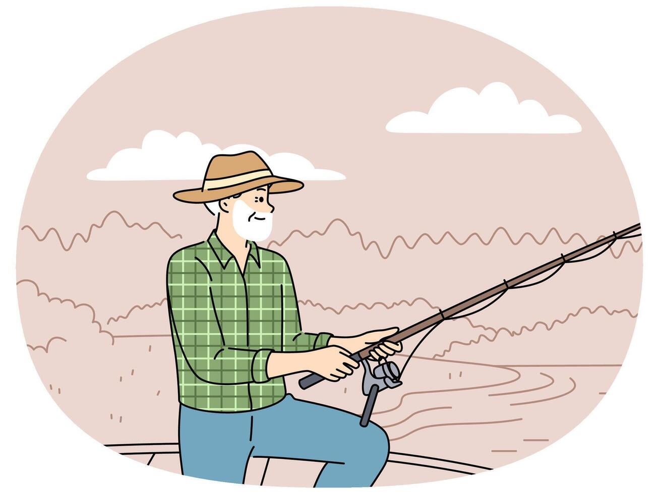 Elderly fisherman fishes, standing on dock near lake and feels full of energy after retirement vector
