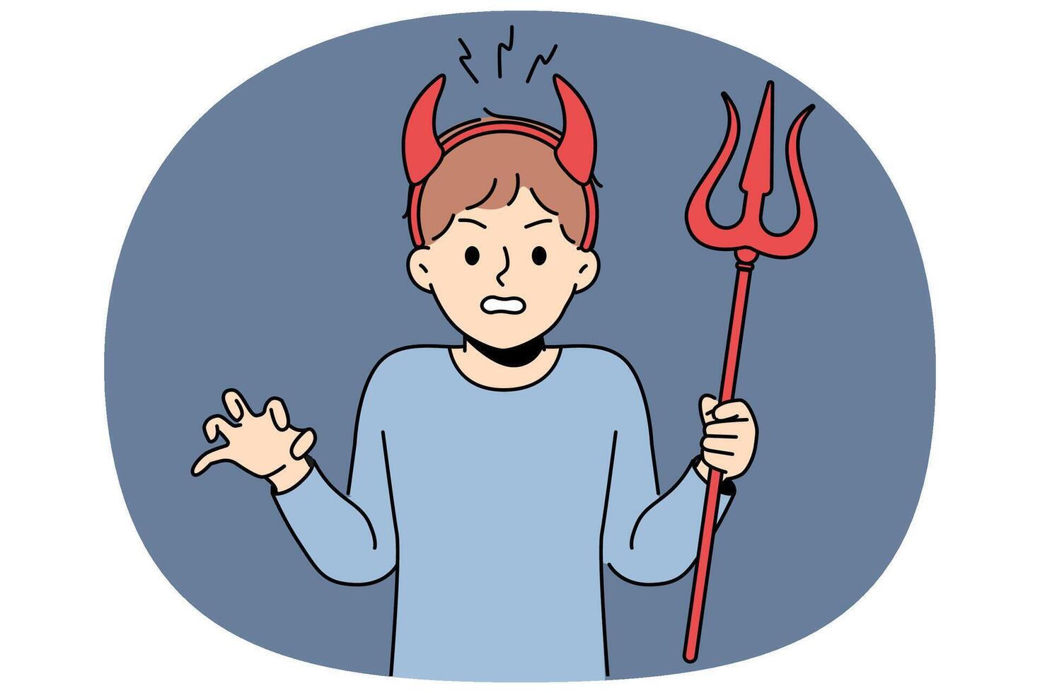 Little bully boy with devil horns makes evil grimace and terrorizes teachers at school vector